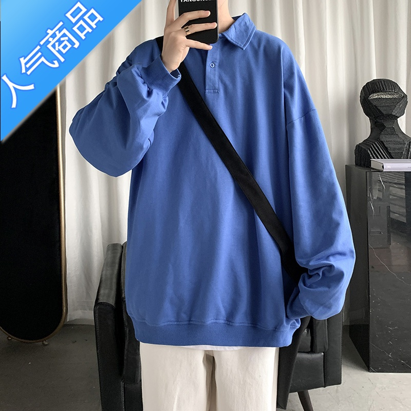 喻娄polo衫t恤男长袖春秋ins港风宽松高街打底衫潮牌衣服秋季圆领卫衣T恤