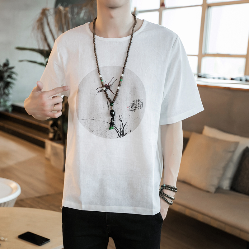 夏季印花中国风男装 复古国潮宽松大码棉麻亚麻圆领t恤男青年上衣