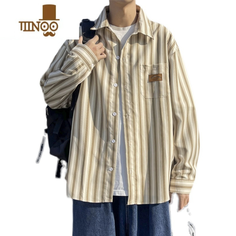 YANXU日系cityboy条纹翻领衬衫男春季宽松百搭青少年衬衣潮牌bf风外套