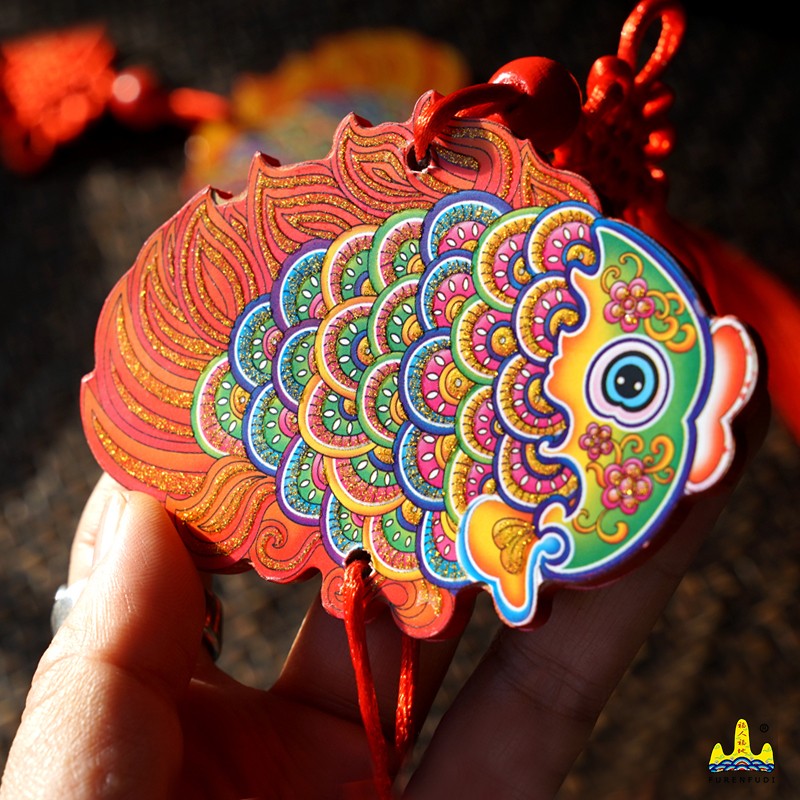 福人福地旅游纪念品创意汽车挂件民族风中国结木质福鱼复古国潮挂饰双面红 七彩小鱼挂件(黄色)BD.20.01.01.01高清大图