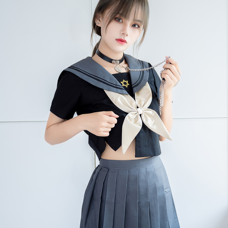 超学生服诱惑性感水手服套装清纯小胸短袖短裙领结黑袜桃心项圈链条xl