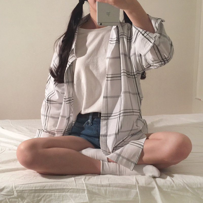 大码翻领格子衫长袖开衫女秋季休闲衬衫上衣学生外套衣服韩国女装_515