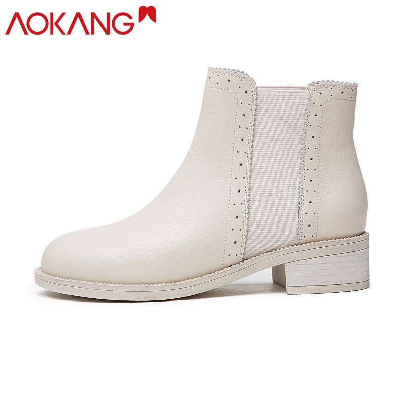 奥康女鞋切尔西短靴女牛皮雕花踝靴小皮鞋英伦风粗跟单靴子图片