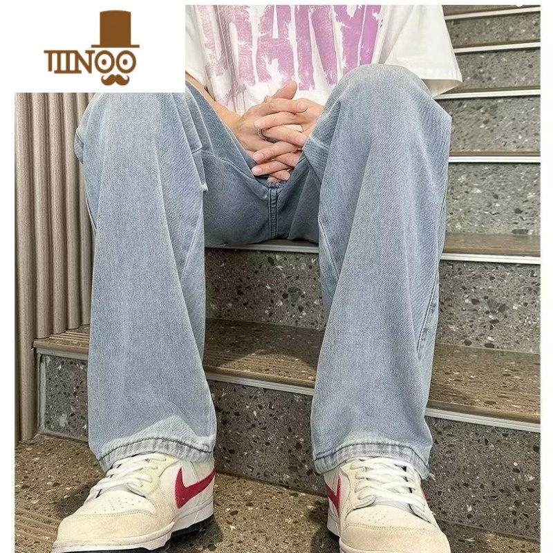 YANXU浅色牛仔裤男秋季薄款潮牌阔腿裤子男生高街直筒宽松蓝色休闲长裤高清大图
