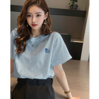 2024女圆领左胸硅胶图案净色短袖T恤简约百搭气质显瘦时尚潮_282236 S 宁静蓝