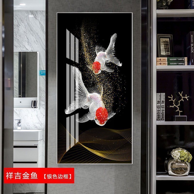 年年有鱼九鱼图玄关装饰画走廊过道挂画客厅酒店风水新中式画壁画 祥吉金鱼（银色边框） 90*180cm晶瓷画(晶瓷_563