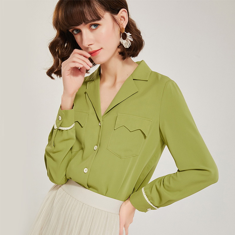 欧昵雪双口袋宽松气质睡衣风衬衫上衣女长袖显瘦衬衣