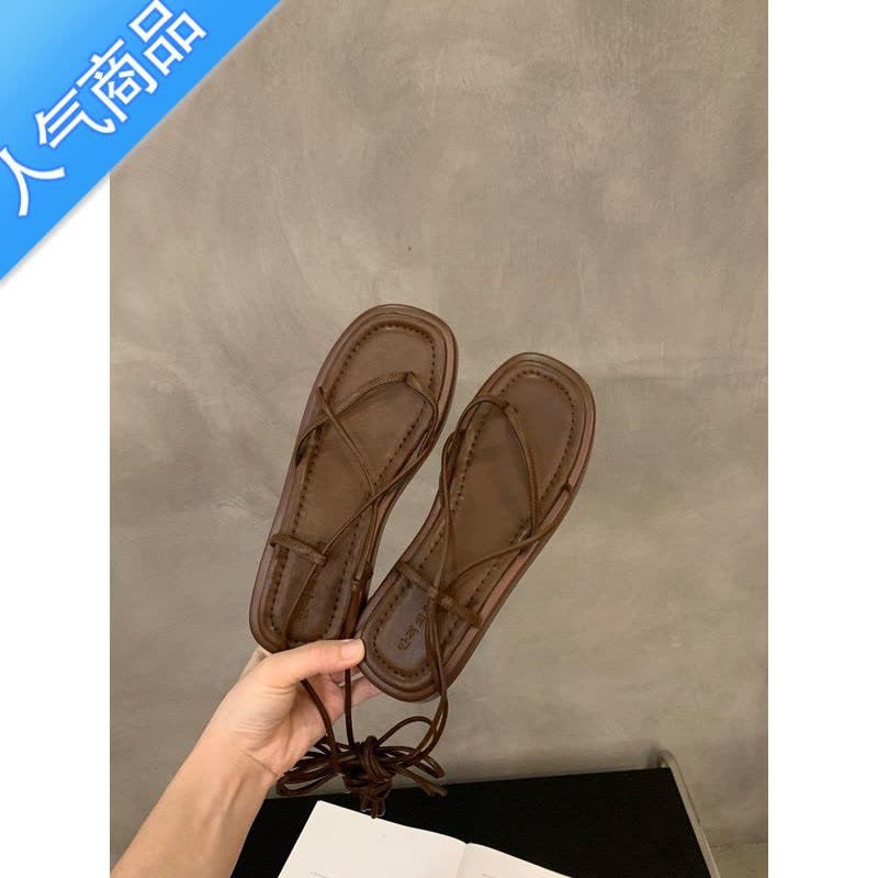 SUNTEK厚底夹趾细带凉鞋仙女鞋子2023年新款夏季小众复古绑带沙滩罗马鞋图片