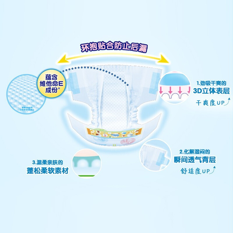 大王维E纸尿裤中码M64片(6-11kg) 婴儿尿不湿 男女孩通用 初生号 日本原产 持久干爽