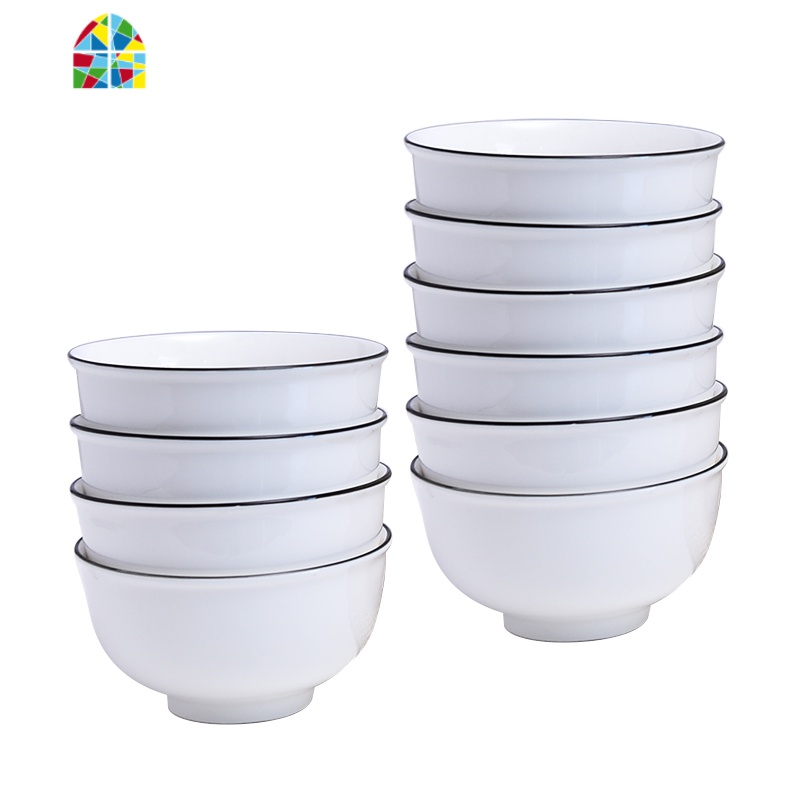家用10个碗 吃饭碗面碗小汤碗组合餐具日式瓷 可微波 FENGHOU 黑线优品4.5英寸圆碗[4个装]高清大图