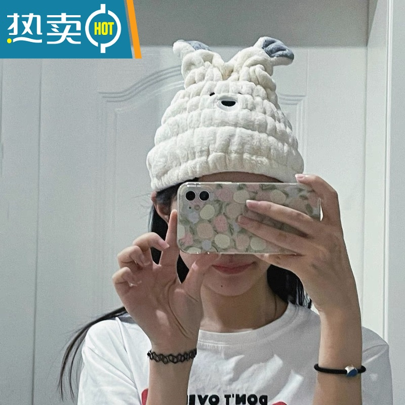 敬平干发帽吸水速干浴帽女干发巾可爱卡通包头毛巾加厚擦头发器 卡通干发帽(紫色小熊白色耳朵)