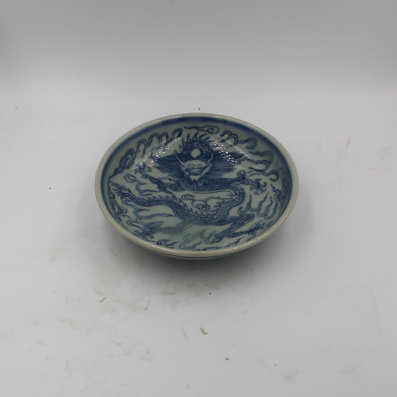 美帮汇大明手绘青花龙纹小碟盘做旧老瓷器仿古古玩老货古典艺术收藏摆件高清大图
