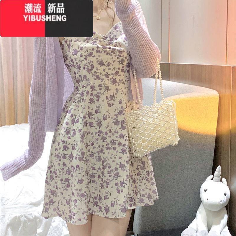 YIBUSHENG224新款小个子法式雪纺短裙紫色碎花吊带连衣裙开衫两件套装女 891碎花吊带裙+8891紫色开衫 XXL