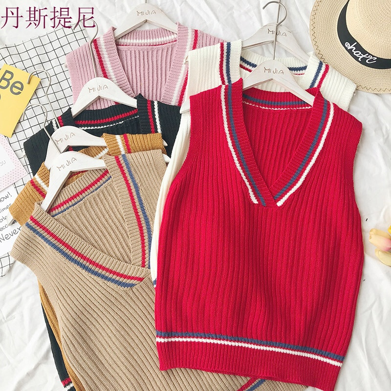 毛衣女chic大V领宽松套头针织衫无袖马甲短款百搭学院风坎肩背心浅咖色均码
