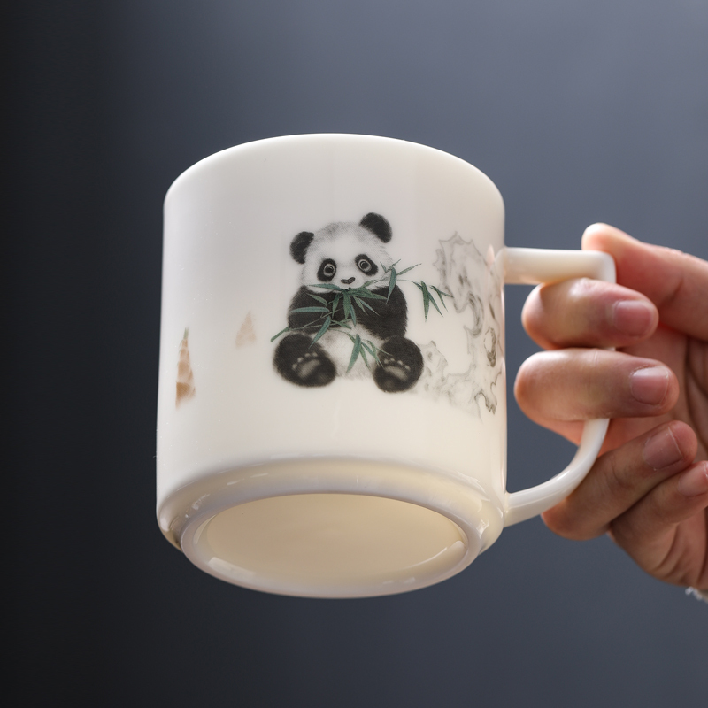 MULTIPOTENTT茶杯玉瓷会议杯陶瓷带盖办公杯描金熊猫杯 精美伴手礼盒套装