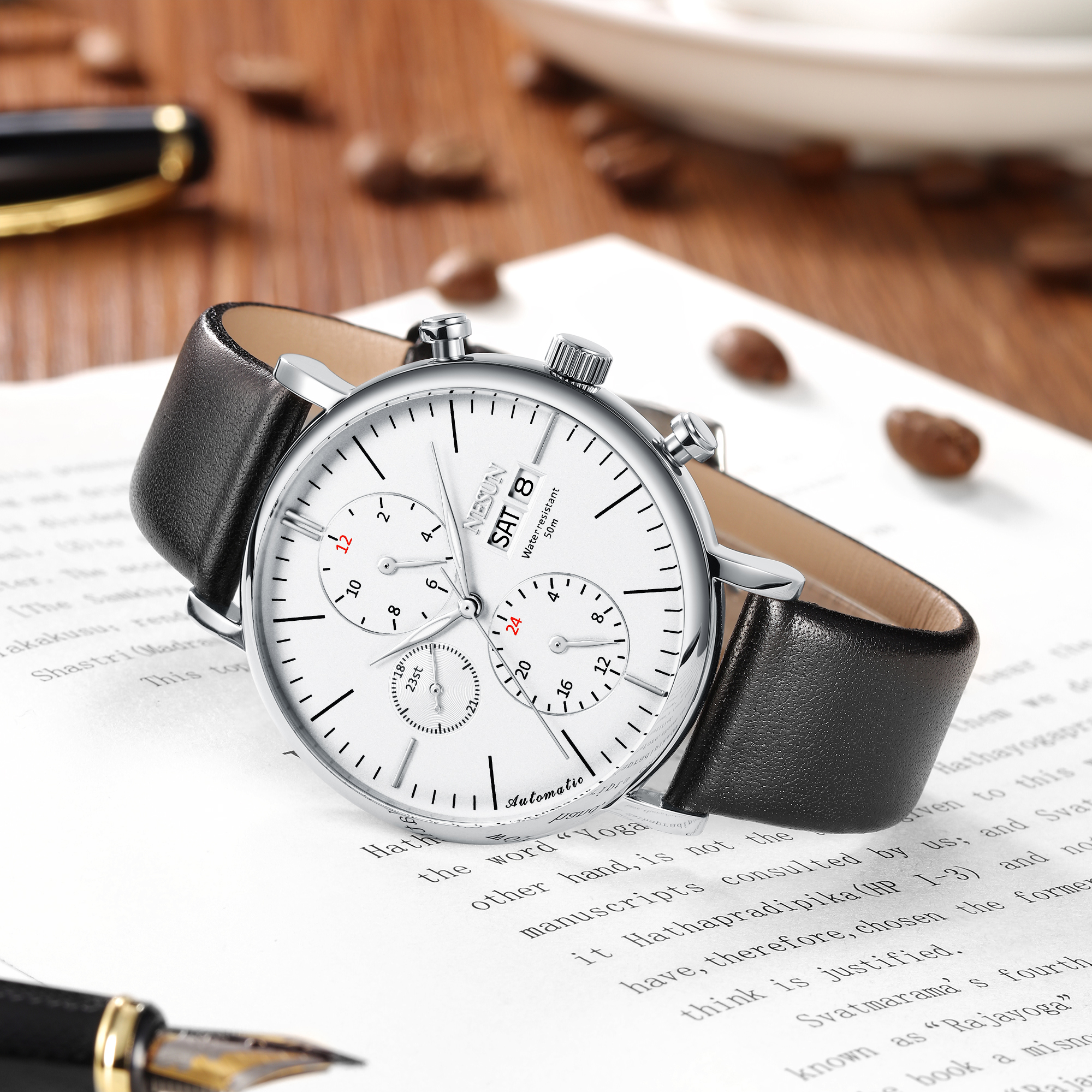 尼尚(nesun)手表全自动机械表 男表多功能双日历机械男表 年份显示