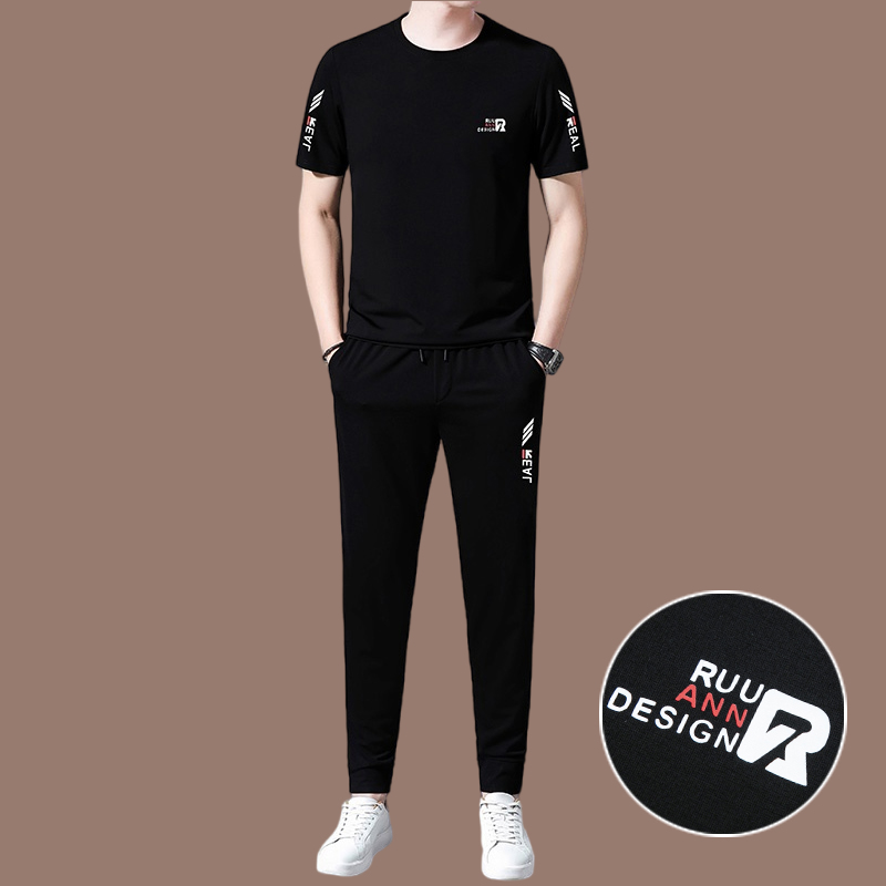 恒源祥桑蚕丝男士休闲运动服套装男短袖帅气搭配潮流冰丝男装夏装 571款黑色 185/XXXL适合体重175-195斤