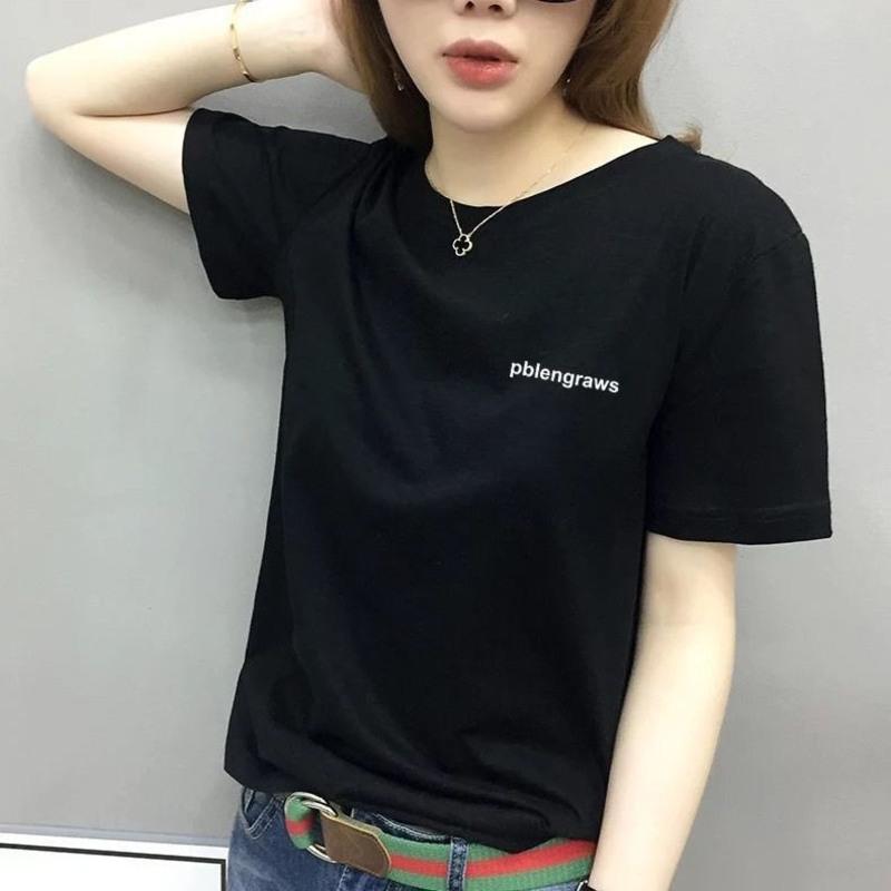 精梳棉黑色短袖t恤女宽松韩版夏季新款棉t恤女短袖简约休闲印花 黑色[左胸小字母] S 建议80-95斤