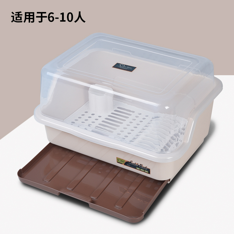 装碗筷收纳盒放碗箱沥水碗架厨房家用带盖碗盆碗碟置物架塑料碗柜 升级款抽屉式米色加大号