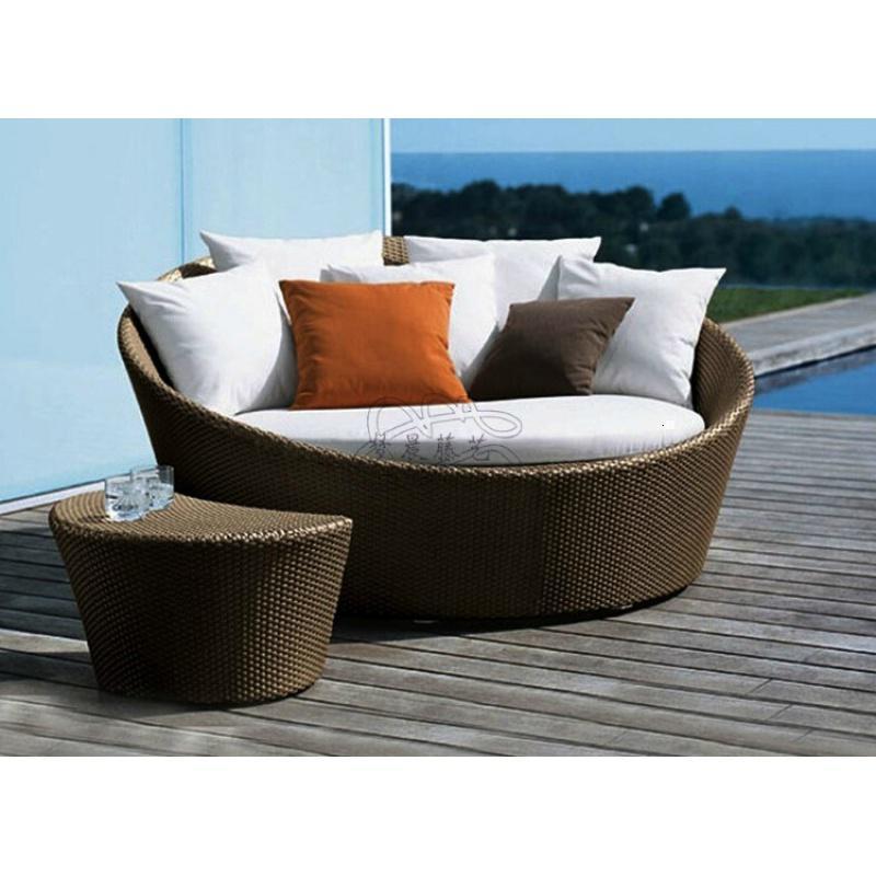 森美人阳台游泳池双人圆形情侣床室外庭院休闲沙发躺椅创意藤编户外躺床 片藤躺床1.4M+茶几