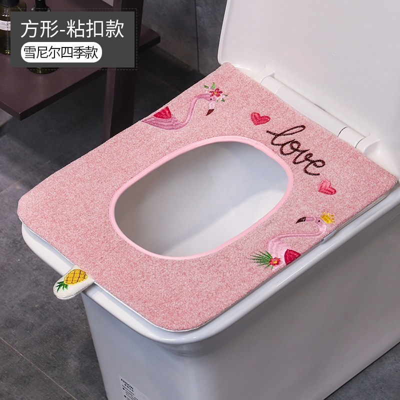 家柏饰(CORATED)四季方形马桶垫 长方形马桶方坐垫贴家用方型坐便套坐便器套垫圈 方形-粉色爱情鸟-粘扣款（加厚雪尼尔）