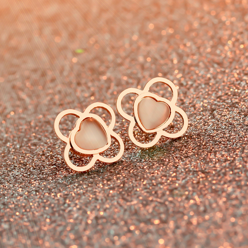 爱心四叶造型耳饰时尚猫眼石镶嵌耳钉女款首饰品送女朋友七夕情人节