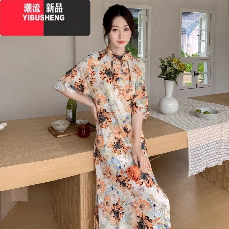YIBUSHENG人造棉绸连衣裙女季薄款新中式国风复古旗袍民族风收腰碎花裙子图片