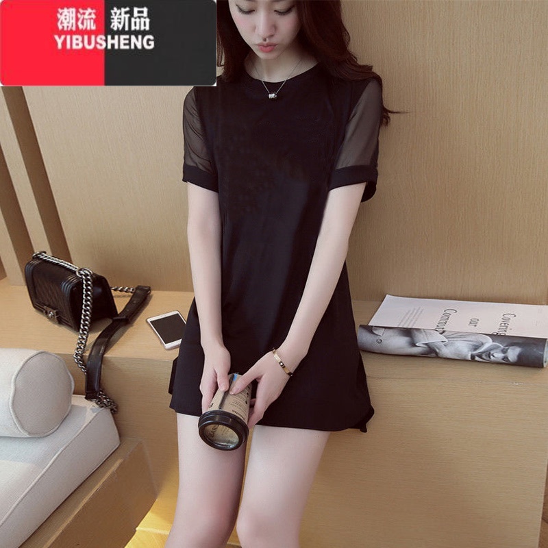 YIBUSHENG蕾丝衫新款韩版中长款短袖T恤女生白色气质过臀百搭网纱连衣裙高清大图