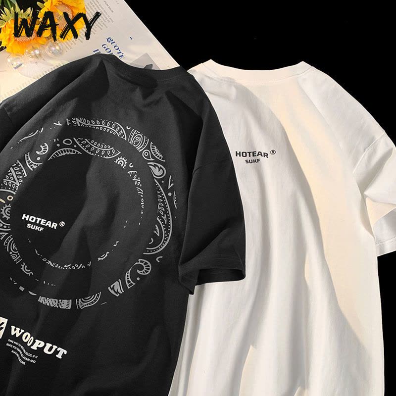 WAXY纯棉t恤短袖男百搭运动宽松港风夏季新款bf风半袖上衣男装ins图片