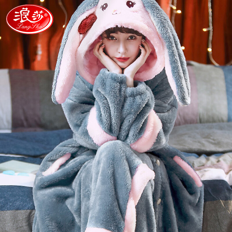 浪莎睡衣女珊瑚绒秋冬季加绒加厚卡通睡袍长款可爱保暖浴袍家居服 蓝色蝴蝶结大耳兔 XXL