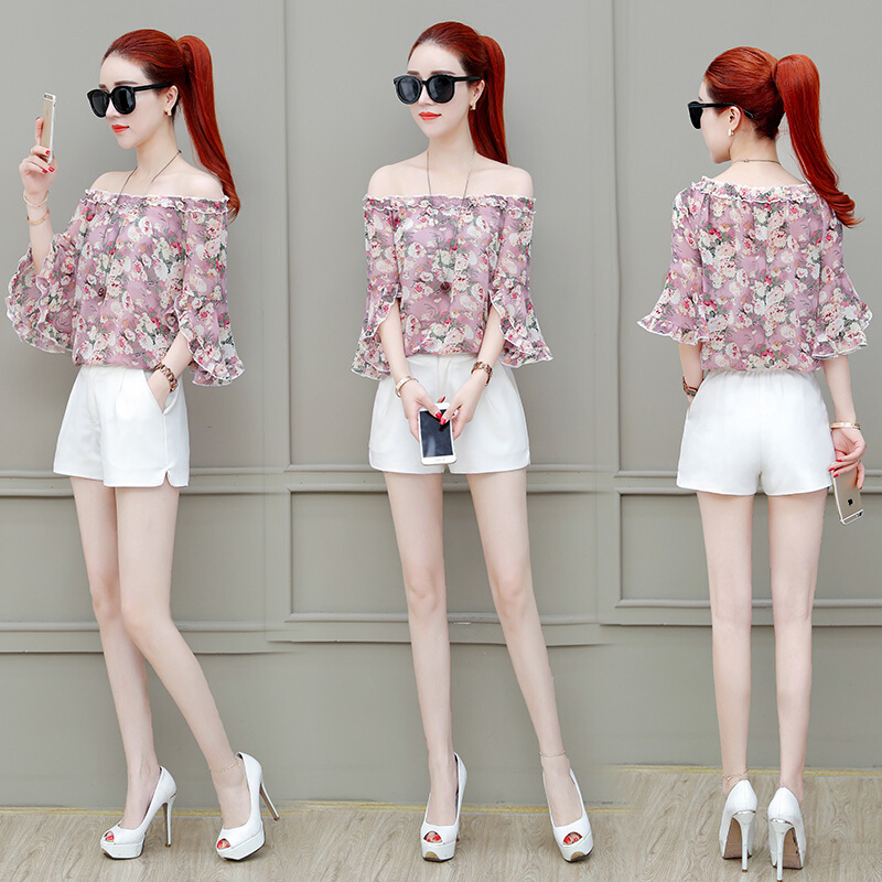 雪纺衫短袖女2018新款夏装碎花漏肩洋气小衫气质荷叶边一字肩上衣