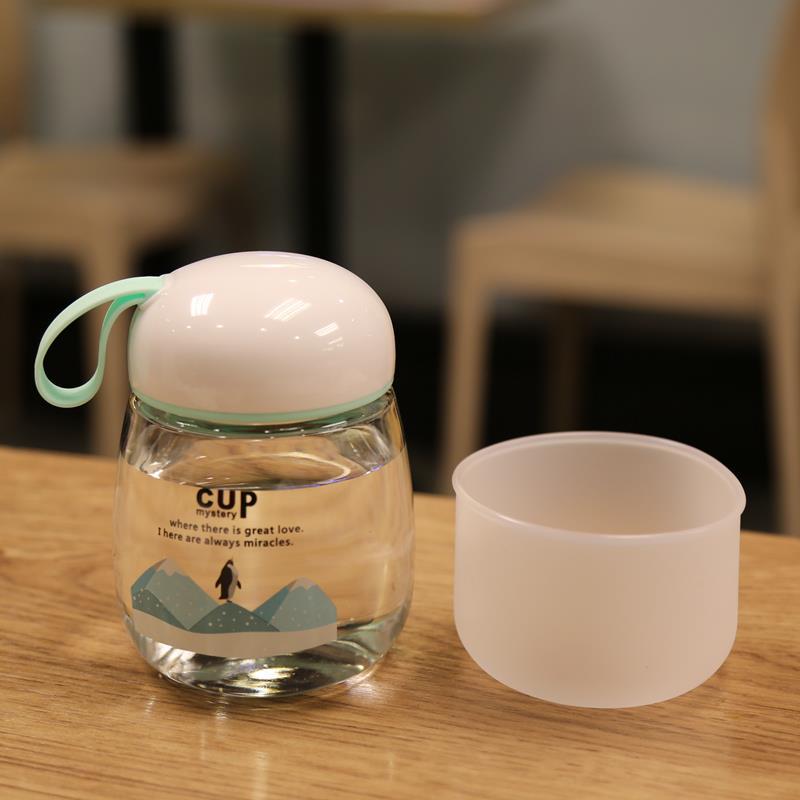 玻璃杯水杯带盖小清新北极熊企鹅可爱便携随身杯韩版学生女粉色300ml