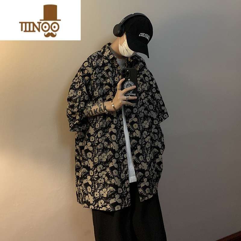 YANXU港风复古冰丝碎花衬衫男生短袖垂感痞帅潮牌宽松休闲古着衬衣外套高清大图