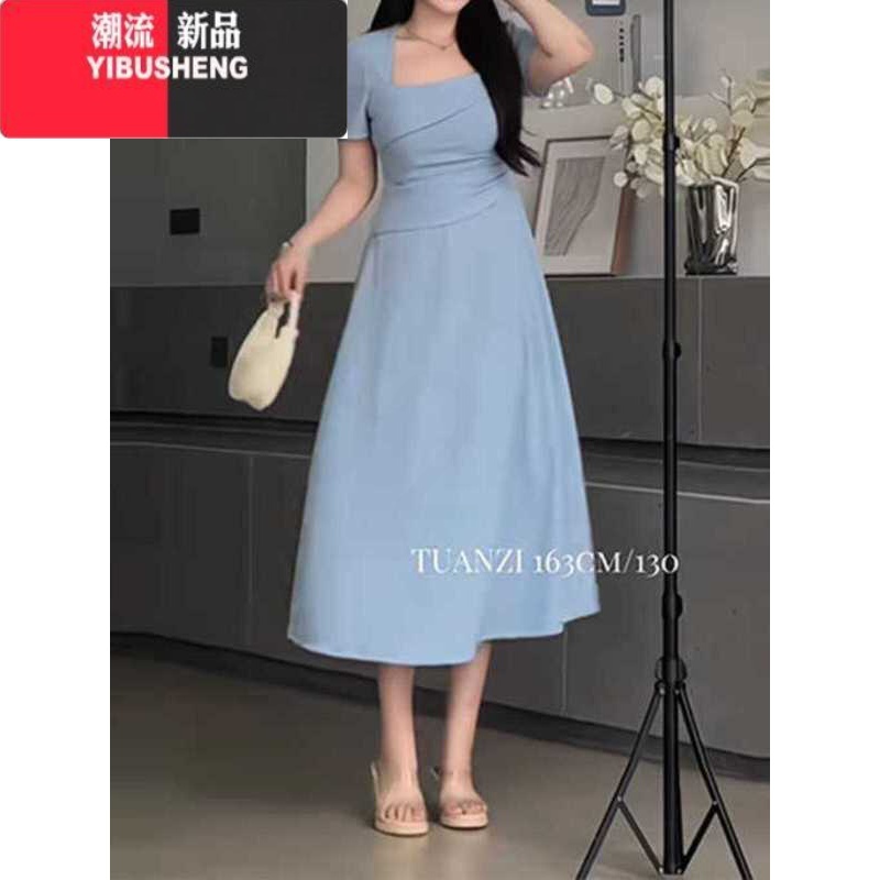 YIBUSHENG大码法式方领气质连衣裙季胖mm显瘦修身御姐温柔风收腰简约长裙高清大图