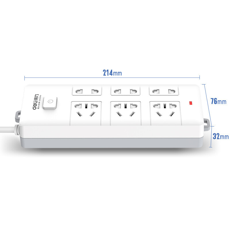 得力18255插座_6组合孔2米_PVC袋装(白)(只)