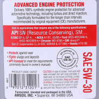 安索(AMSOIL)OE系列全合成SN级汽车机油OEFQT适合于现代日产福特别克科鲁兹宝骏5W-30粘度润滑油946ml