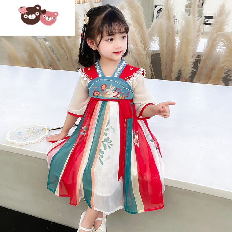 绿彩虹光女童夏季汉服改良中国风公主裙宝宝超仙裙子古风民族风连衣裙襦裙