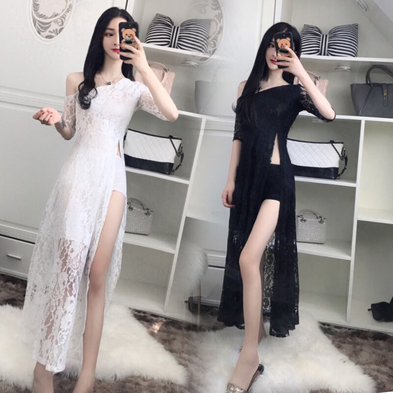 2018夏装韩版性感开叉蕾丝中袖修身显瘦气质夜店长裙礼服仙女神潮白色均码