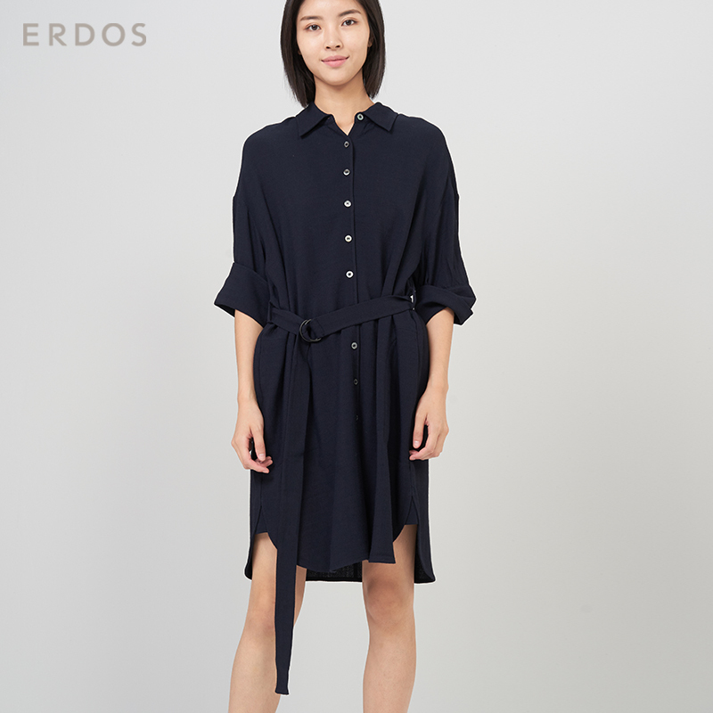 鄂尔多斯ERDOS 春夏七分袖系扣腰带时尚百搭宽松衬衫裙女士连衣裙