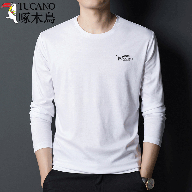 啄木鸟春秋季中年男士圆领纯棉长袖T恤宽松上衣服男装体恤打木服高清大图