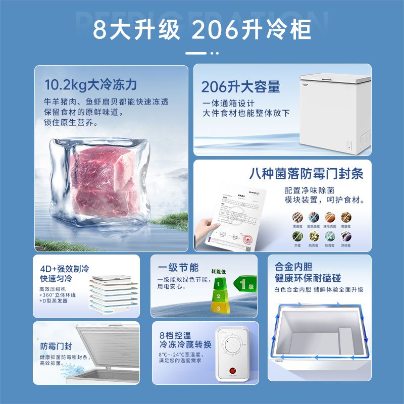 澳柯玛BC/BD-206HNE 206升家用冷柜顶开冷冻冷藏冰柜一级减霜卧式单温冰箱