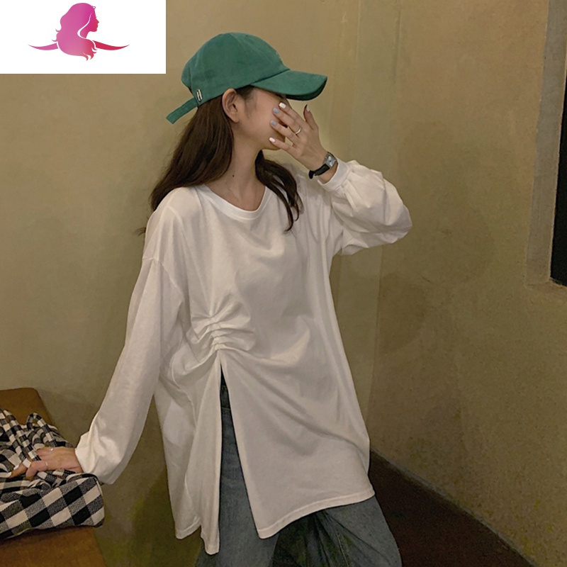 艳如飞设计感褶皱开叉白色打底衫长袖t恤女上衣春秋百搭中长款宽松体恤T恤