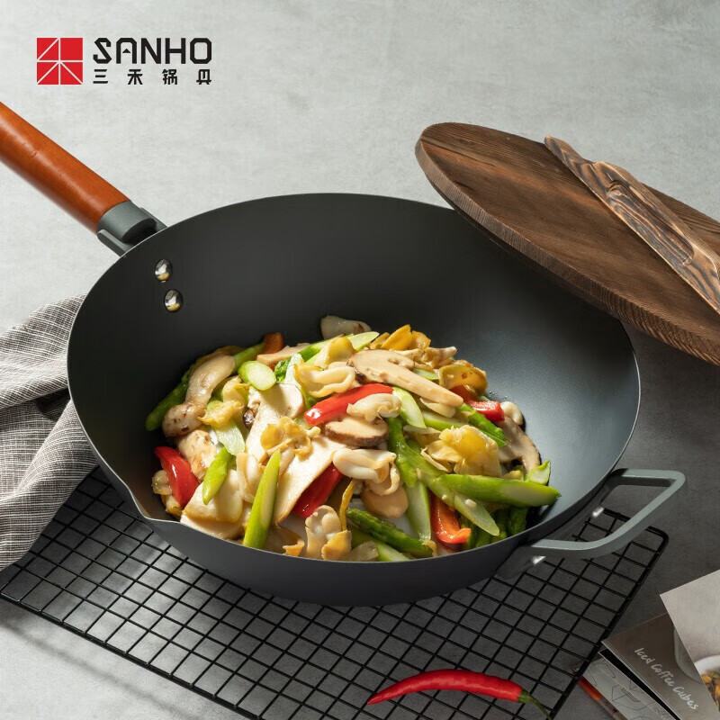 三禾新不锈铁锅CTN3005-5实木盖30cm无涂层家用圆底炒菜锅电磁炉燃气通用高清大图