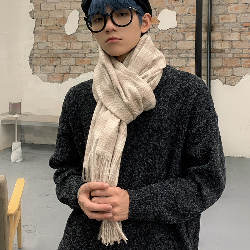卡其色围巾男秋冬韩版潮保暖青年学生百搭围脖长款格子围巾简约生日