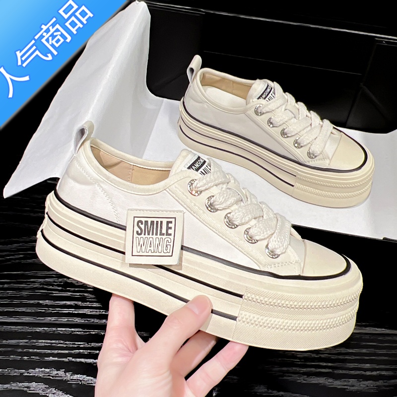 SUNTEK增高6cm5cm帆布鞋女春夏新款系带百搭厚底休闲防滑显瘦显高板鞋女 米色5cm款 37