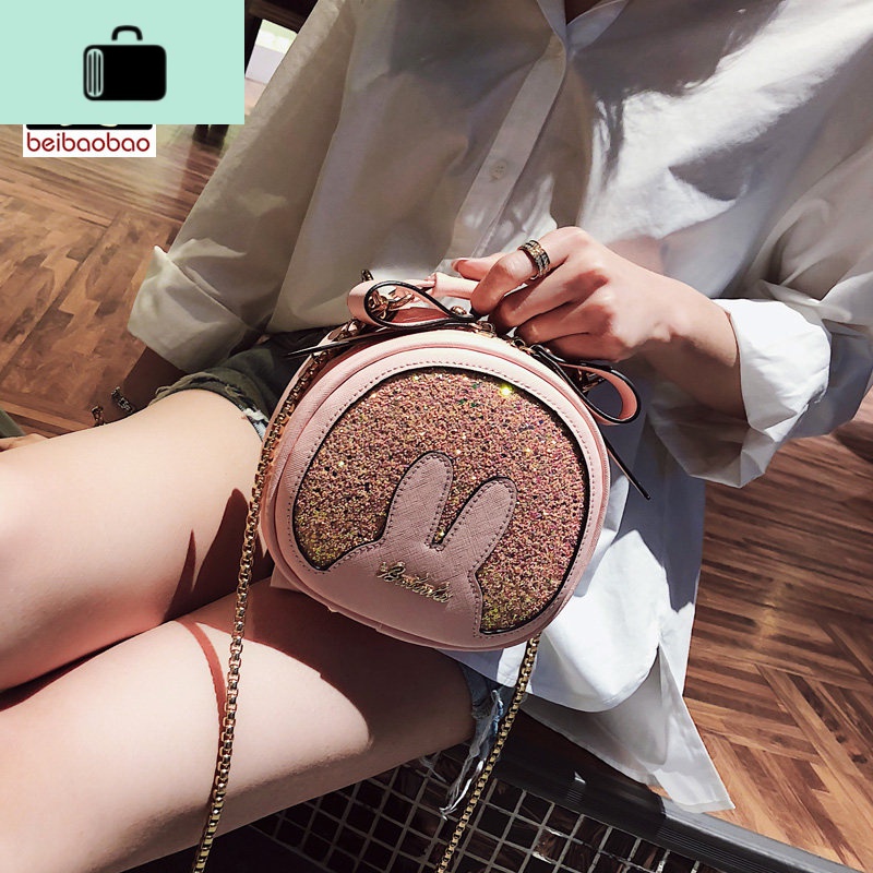 小包包少女2020新款斜挎包百搭迷你小圆包手提单肩可爱亮片NEWLAKE 粉色