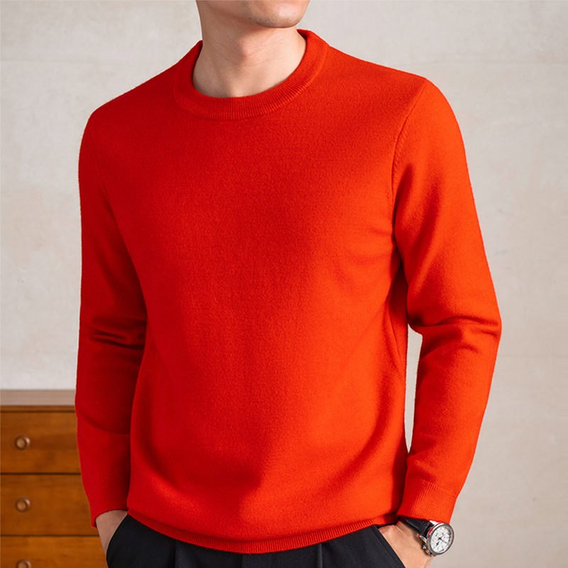可机洗羊毛衫男2025冬季新款青年圆领加厚保暖打底男士毛衣 橘红 185/3XL-推荐165-185斤