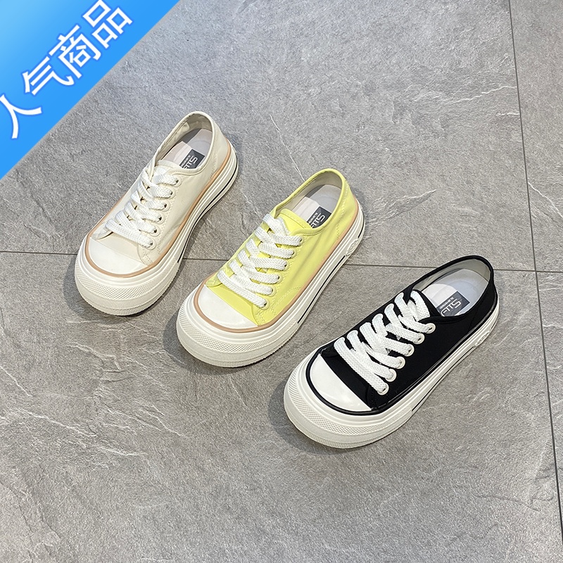 SUNTEK洋气薄款透气帆布鞋女2023夏新款圆头丑萌增高板鞋百搭厚底休闲鞋高清大图