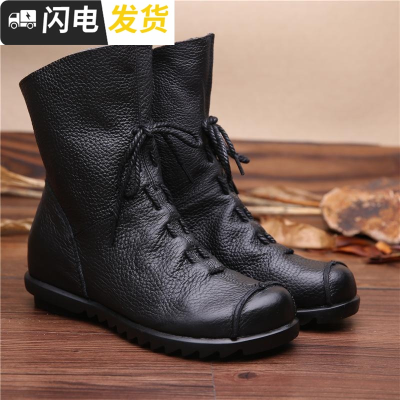 中老年妈妈短靴女士皮靴休闲百搭平底靴秋冬新款加绒防滑靴子启如视频
