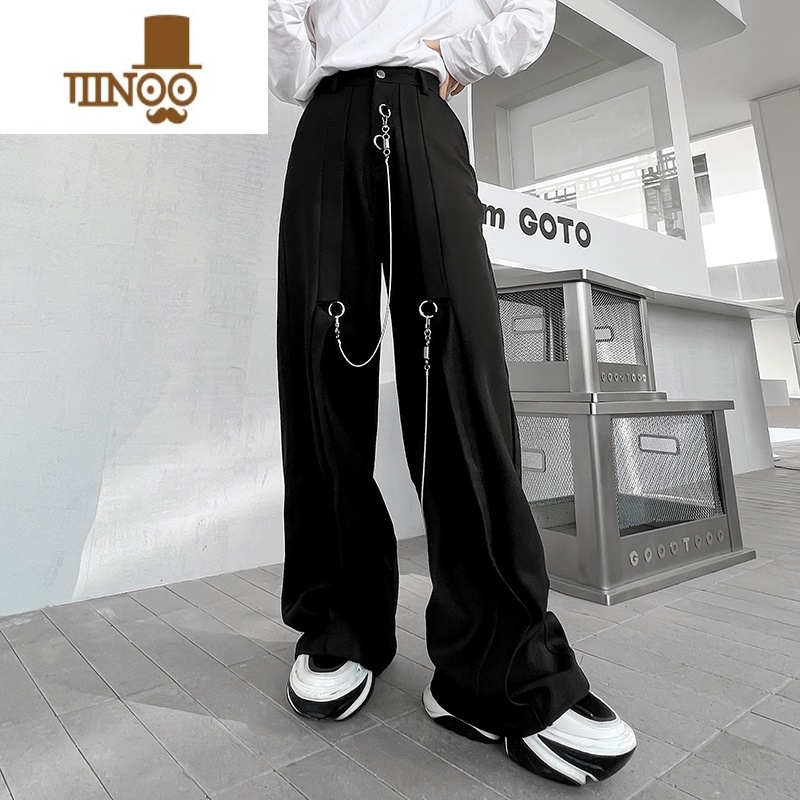 YANXU暗黑系金属链条装饰休闲阔腿裤男设计感时尚直筒长裤西裤拖地高清大图
